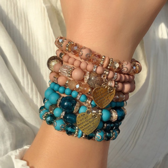 Pretty Blue and Gold Variety Beaded with Heartset of 4 Bracelets! - Picture 3 of 4